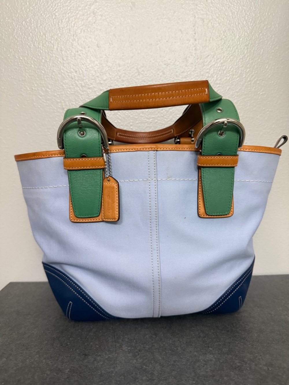 Coach Hampton Blue Canvas Tote with blue  , green , tan leather